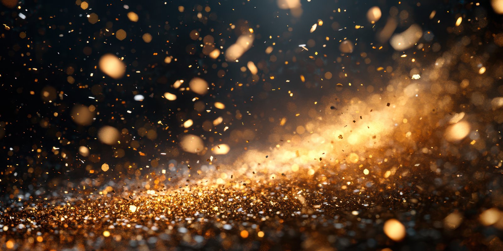 Golden particles swirl through the air, creating a shimmering effect in a dark environment during a festive celebration